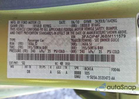 2011 Ford Fiesta Ses z USA, uszkodzony, nr VIN 3FADP4FJ6BM111579